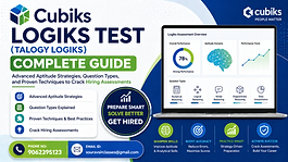 A clean, professional 16:9 thumbnail designed for a Cubiks Logiks (Talogy Logiks) test guide, using a modern blue, green, and white color scheme. On the left, bold headline text reads “Cubiks Logiks Test (Talogy Logiks) Complete Guide,” followed by a subtitle highlighting advanced aptitude strategies, question types, and proven techniques to crack hiring assessments. Below, a structured bullet-point section presents key topics such as aptitude strategies, question types, best practices, and hiring success.

On the right, a sleek laptop displays a digital assessment dashboard with performance charts, a brain graphic, and icons representing numerical, logical, verbal, diagrammatic reasoning, and data interpretation. At the bottom, a clean contact bar includes the phone number (9062395123) and email ([souravsirclasses@gmail.com](mailto:souravsirclasses@gmail.com)). Additional minimal icons emphasize skill development, accuracy, smart practice, and career success. The overall design is balanced, eye-soothing, and corporate in style, with clear typography and a strong visual hierarchy.
