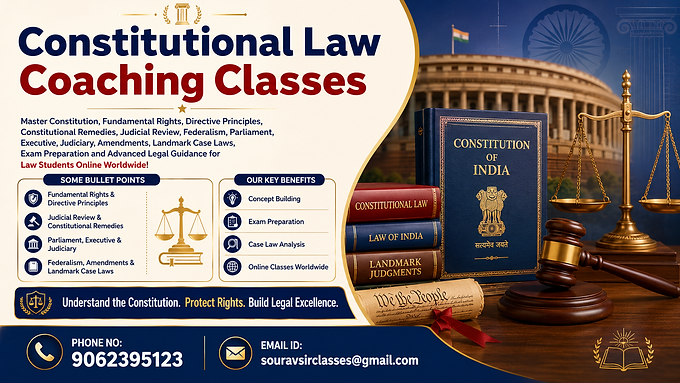 Constitutional Law coaching classes covering Fundamental Rights, Directive Principles, constitutional remedies, judicial review, federalism, Parliament, Executive, Judiciary, constitutional amendments, landmark case laws, exam preparation and advanced legal guidance for Law students.