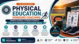 CU Physical Education Honours coaching banner with sports science, fitness studies, Calcutta University excellence and coaching contact details.