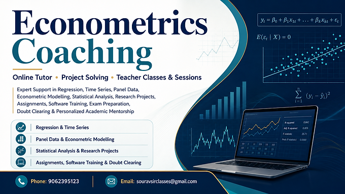 Econometrics coaching online tutor and project solving teacher offering expert classes and sessions for regression analysis, time series, panel data, econometric modelling, statistical analysis, assignments, research projects, data interpretation, econometric software and exam preparation.