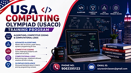 USA Computing Olympiad (USACO) training banner with algorithms, competitive coding, computational logic visuals, coding workstation, and modern professional WIX blog design.
