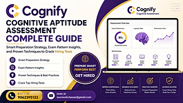A clean, modern 16:9 thumbnail for a Cognify cognitive aptitude assessment guide, designed with a sophisticated purple, gold, and cream color palette. On the left, bold headline text reads “Cognify Cognitive Aptitude Assessment Complete Guide,” followed by a subtitle highlighting smart preparation strategy, exam pattern insights, and proven techniques to crack hiring tests. Below, a structured bullet-point section presents key topics such as preparation strategy, pattern insights, best practices, and hiring success.

On the right, a sleek laptop screen displays a digital assessment dashboard with performance charts, a brain graphic, and skill breakdown icons representing cognitive abilities. At the bottom, a clean contact bar includes the phone number (9062395123) and email ([souravsirclasses@gmail.com](mailto:souravsirclasses@gmail.com)). Additional minimal icons emphasize cognitive skills, accuracy, practice, and achievement. The overall design is balanced, eye-soothing, and professional with an international corporate style, clear typography, and a strong visual hierarchy.

