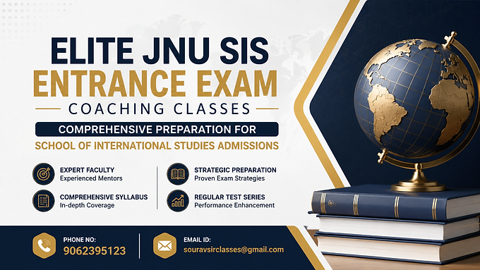 Elite JNU SIS Entrance Exam Coaching Classes thumbnail featuring international studies preparation, academic globe, strategic exam guidance, expert faculty, comprehensive syllabus, test series, and admission coaching information.