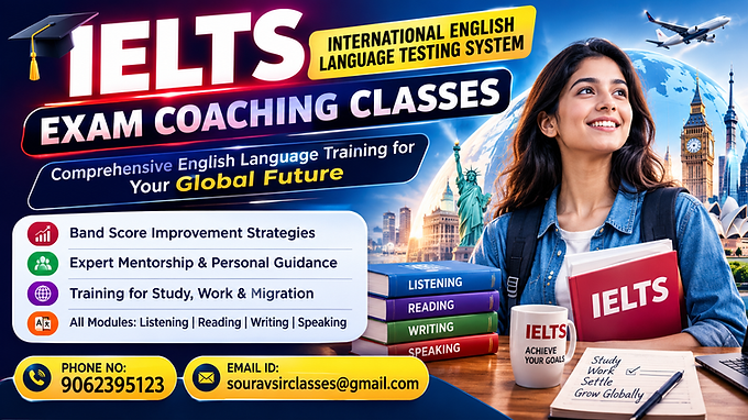 Professional IELTS Exam Coaching Classes thumbnail featuring international English language training, band score improvement, expert mentorship, study abroad, work and migration preparation with modern educational design and contact information.