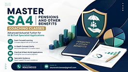 Master SA4 Pensions and Other Benefits Coaching Classes thumbnail featuring advanced actuarial tuition for IAI and IFoA specialist applications with pension planning, financial charts, study materials, contact details, and professional educational design.