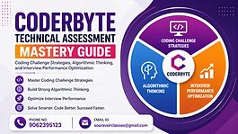 Coderbyte technical assessment guide banner with coding strategies, algorithmic thinking, interview optimization, and contact details in a modern professional design.

