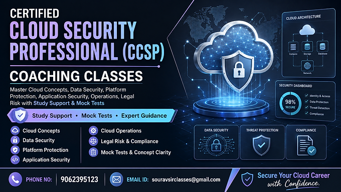 Certified Cloud Security Professional coaching thumbnail featuring cloud concepts, data security, platform protection, application security, cloud operations, legal risk, study support and mock tests.