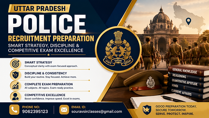 Professional Uttar Pradesh Police recruitment preparation thumbnail with smart strategy, discipline, competitive exam excellence, modern police academy theme and structured educational design for WIX blog banner.