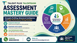 A clean, modern 16:9 thumbnail designed for a Talent Plus TalentBank assessment guide, featuring a professional teal, green, and white color palette with subtle orange and purple accents. On the left, bold headline text reads “Talent Plus TalentBank Assessment Mastery Guide,” followed by a subtitle highlighting strengths profiling, behavioral intelligence, and high-performance hiring strategy.

Below, a structured bullet-point section presents key topics such as strengths profiling, behavioral intelligence, high-performance hiring, and strategic hiring advantage. At the bottom left, a contact bar displays the phone number (9062395123) and email ([souravsirclasses@gmail.com](mailto:souravsirclasses@gmail.com)).

On the right, a circular infographic illustrates key areas including discovering strengths, understanding behaviors, making smarter hiring decisions, building strong teams, and enhancing performance, centered around the message “Better Insights, Better Talent, Better Results.” The overall design is balanced, eye-soothing, and professional with a global corporate aesthetic, clear typography, and strong visual hierarchy.
