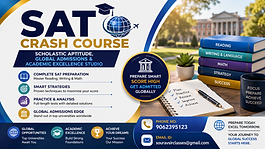 SAT crash course banner with scholastic aptitude preparation, global admissions theme, academic skills training and coaching contact details.