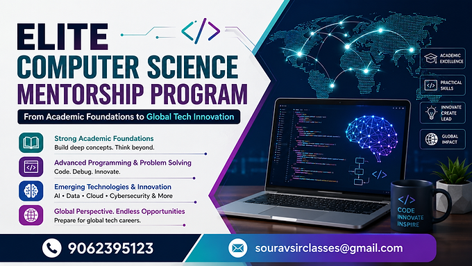Elite Computer Science Mentorship Program thumbnail with coding, AI innovation, and global tech education in a modern professional design.