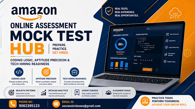 Amazon Online Assessment Mock Test Hub banner featuring coding logic, aptitude precision, tech hiring readiness, coding dashboard interface, professional campus placement preparation design with modern analytics and contact details.