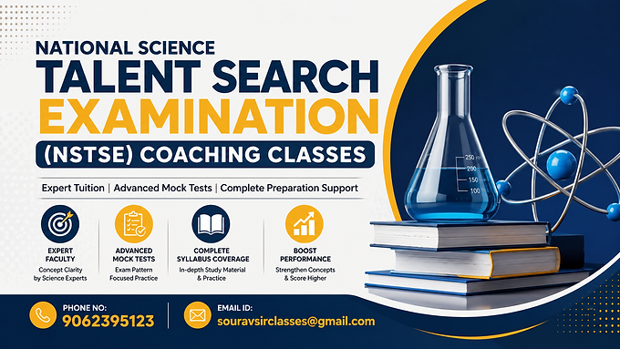 National Science Talent Search Examination (NSTSE) coaching classes thumbnail featuring science laboratory equipment, books, atom model, expert tuition, advanced mock tests, complete science olympiad preparation support.
