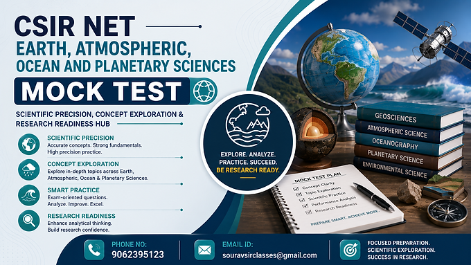CSIR NET Earth, Atmospheric, Ocean and Planetary Sciences mock test banner with geoscience visuals and research preparation theme.