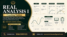 Real Analysis I coaching tuition thumbnail featuring limits, sequences, continuity, differentiability, proof techniques, study materials and mock tests.