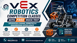 VEX Robotics Competition classes banner with advanced coding, robotics, engineering excellence, and free mock test learning concept.