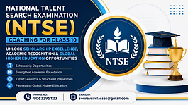 Professional NTSE Coaching for Class 10 blog thumbnail featuring scholarship preparation, academic excellence, books, graduation cap, trophy, and contact details for National Talent Search Examination coaching.