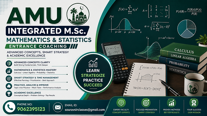 AMU Integrated M.Sc. Mathematics and Statistics entrance coaching banner with advanced quantitative learning visuals and academic excellence design.