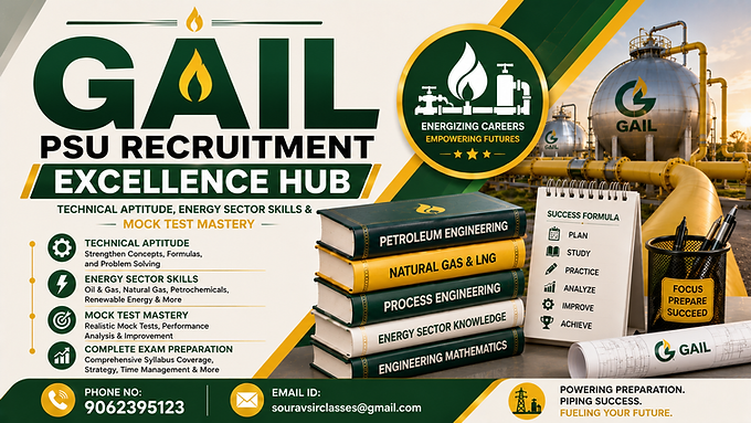 Professional GAIL PSU recruitment preparation thumbnail with technical aptitude energy sector skills mock tests and modern green yellow industrial academy design for WIX blog