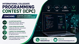 International Collegiate Programming Contest (ICPC) coaching banner with algorithms, team coding, competitive programming visuals, futuristic coding workspace, and modern professional WIX blog design.