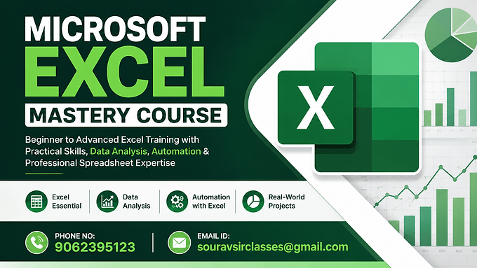 Professional Microsoft Excel Mastery Course banner featuring beginner to advanced Excel training, data analysis, automation, spreadsheet skills, practical projects, and contact information in a modern green corporate design.