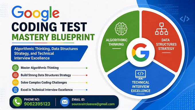 Google coding test mastery blueprint banner with algorithmic thinking, data structures strategy, technical interview excellence, and contact details.
