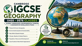 Cambridge IGCSE Geography classes banner with globe, landscapes, and modern academic design.