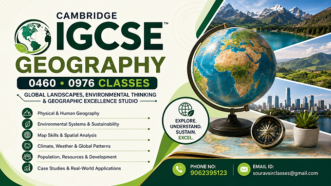 Cambridge IGCSE Geography classes banner with globe, landscapes, and modern academic design.
