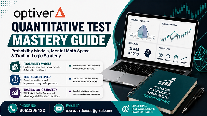 Optiver quantitative test mastery guide thumbnail featuring probability models, mental math speed, trading logic strategy with clean modern professional layout and contact details.