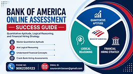 Bank of America online assessment guide banner with quantitative aptitude, logical reasoning, financial hiring strategy, and contact details.