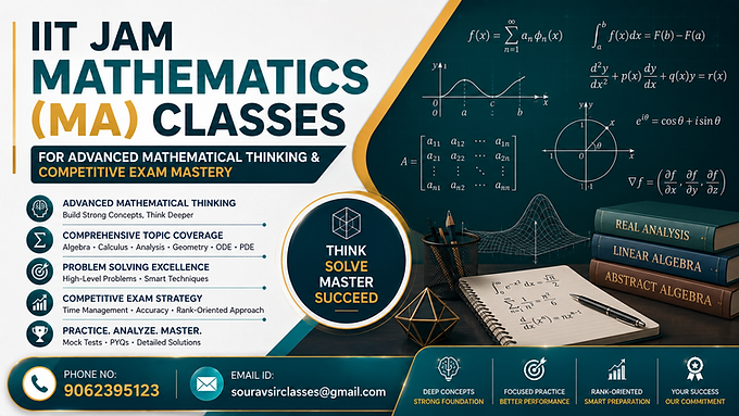 IIT JAM Mathematics MA classes banner with advanced mathematical concepts, problem-solving visuals, and competitive exam mastery design.