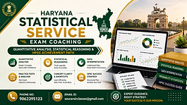 “Professional Haryana Statistical Service exam coaching banner featuring quantitative analysis, statistical reasoning, HPSC preparation, analytics dashboards, and expert coaching contact information.”