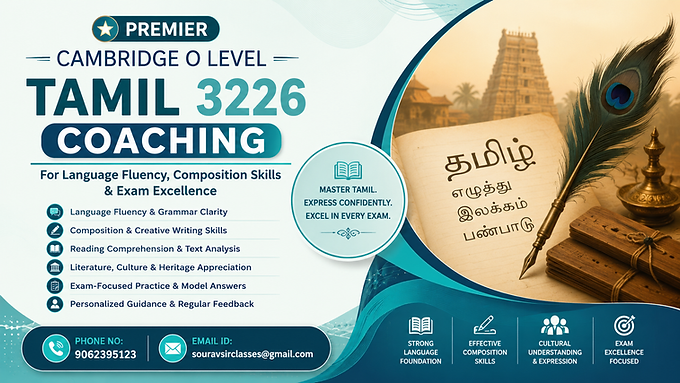Premier Cambridge O Level Tamil 3226 coaching thumbnail with language fluency, composition skills, grammar clarity, reading comprehension, cultural understanding, exam-focused practice, and contact details.