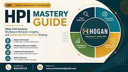 A clean, modern 16:9 thumbnail designed for an HPI (Hogan Personality Inventory) guide, featuring a sophisticated teal, gold, and white color palette. On the left, bold headline text reads “HPI Mastery Guide,” with a smaller label indicating “Hogan Personality Inventory.” A subtitle highlights deep trait analysis, workplace behavior insights, and leadership development strategy.

Below, a structured bullet-point section presents key topics such as deep trait analysis, workplace behavior insights, leadership development, and better decision-making. At the bottom left, a contact bar displays the phone number (9062395123) and email ([souravsirclasses@gmail.com](mailto:souravsirclasses@gmail.com)).

On the right, a circular infographic represents key areas including trait analysis, behavior insights, leadership growth, and workplace success, centered around the “Hogan Personality Inventory” label. The overall design is balanced, eye-soothing, and professional with a global corporate aesthetic, clear typography, and strong visual hierarchy.
