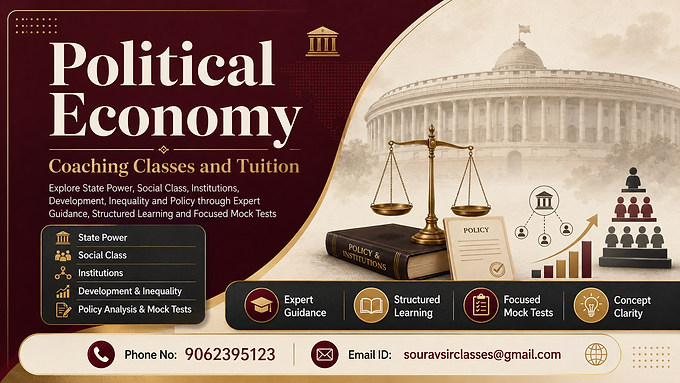 Political Economy coaching thumbnail featuring state power, social class, institutions, development, inequality, policy analysis, expert guidance and focused mock tests.