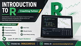 Introduction to R coaching tuition thumbnail featuring data analysis, programming basics, statistical computing, visualization, RStudio practice, study materials and mock tests.