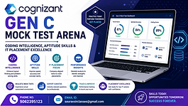 Cognizant Gen C Mock Test Arena banner featuring coding intelligence, aptitude skills, IT placement excellence, mock test analytics dashboard, professional campus recruitment preparation design with modern tech branding and contact details.