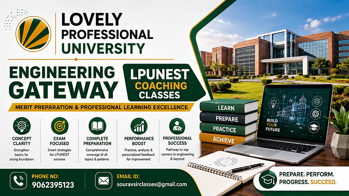 Lovely Professional University LPUNEST Coaching banner featuring engineering gateway, merit preparation, professional learning excellence and modern educational design with contact details.