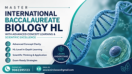 International Baccalaureate Biology HL advanced learning banner with DNA, cell graphics, scientific excellence, and professional education design.