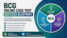 A clean, modern 16:9 banner designed for an educational blog on “BCG Online Case Test Success Blueprint.” The layout features a soft light background on the left transitioning into a rich teal and blue gradient on the right, creating a professional and eye-soothing consulting-style design.

On the left, bold typography highlights “BCG Online Case Test” with “Success Blueprint” emphasized in a contrasting gradient bar. A subtitle below outlines case solving frameworks, data interpretation mastery, and consulting performance strategy.

Beneath the title, a structured bullet point section presents key benefits such as mastering proven case frameworks, excelling in data interpretation, building strong consulting performance, and applying smart strategies for better results.

On the right, a circular segmented infographic displays three sections labeled case solving frameworks, data interpretation mastery, and consulting performance strategy, each paired with minimal icons like a puzzle head, document chart, and target symbol.

At the bottom, a clear contact bar includes a phone icon with the number 9062395123 and an email icon with [souravsirclasses@gmail.com](mailto:souravsirclasses@gmail.com).

The overall design is minimal, balanced, and internationally styled, with strong visual hierarchy, high readability, and SEO-friendly layout suitable for a professional WIX blog thumbnail.
