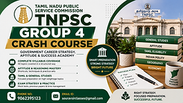 TNPSC Group 4 crash course banner with government exam preparation, aptitude training, career strategy learning and coaching contact details.