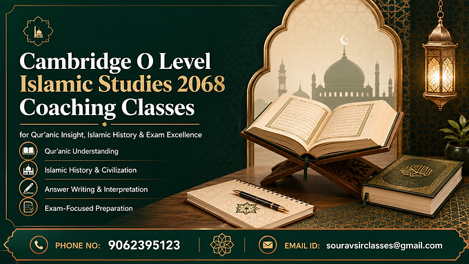 Cambridge O Level Islamic Studies 2068 coaching thumbnail with Qur’anic insight, Islamic history, answer writing, interpretation skills, exam-focused preparation, and contact details.
