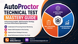 A modern, high-contrast 16:9 banner designed for an educational blog on “AutoProctor Technical Test Mastery Guide.” The layout features a clean light beige background on the left transitioning into a dark navy and gradient orange-pink tech-style background on the right, creating a sleek and professional look.

On the left, bold typography highlights “AutoProctor Technical Test” with “Mastery Guide” emphasized in a vibrant gradient bar. A subtitle below describes AI proctoring insights, skill evaluation strategy, and exam performance optimization.

Beneath the title, a structured bullet point section lists key benefits such as understanding AI proctoring and monitoring, mastering skill evaluation and scoring, optimizing exam strategies, and improving performance outcomes.

On the right, a circular segmented infographic displays three sections labeled AI proctoring insights, skill evaluation strategy, and exam performance optimization, each paired with clean icons like an AI brain, checklist, and growth chart. A central shield icon reinforces the theme of secure, monitored assessments.

At the bottom, a prominent contact bar includes a phone icon with the number 9062395123 and an email icon with [souravsirclasses@gmail.com](mailto:souravsirclasses@gmail.com).

The overall design is minimal, tech-oriented, and internationally styled, with strong visual hierarchy, balanced spacing, and SEO-friendly clarity suitable for a professional WIX blog thumbnail.
