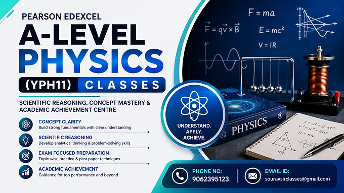 Pearson Edexcel A-Level Physics classes banner with scientific concepts, physics study elements, and exam preparation theme.