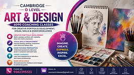 Cambridge O Level Art & Design 6090 Coaching Classes banner featuring creative portfolio development, visual skills, drawing, painting, colour theory, design techniques, expert mentorship, and a modern art education-themed design.