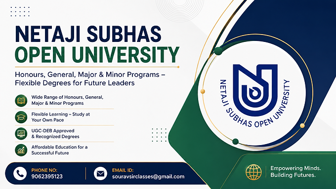 Netaji Subhas Open University honours, general, major and minor degree programs banner featuring flexible learning, UGC-recognized education, affordable higher studies, and academic career opportunities for students.