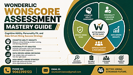 A clean, modern 16:9 thumbnail designed for a Wonderlic Wonscore assessment guide, featuring a professional dark green, gold, and white color scheme. On the left, bold headline text reads “Wonderlic Wonscore Assessment Mastery Guide,” followed by a subtitle highlighting cognitive ability, personality fit, and data-driven hiring success strategy.

Below, a structured bullet-point section presents key topics such as cognitive ability insights, personality fit analysis, data-driven hiring decisions, and high-impact hiring strategy. At the bottom left, a contact bar displays the phone number (9062395123) and email ([souravsirclasses@gmail.com](mailto:souravsirclasses@gmail.com)).

On the right, a circular infographic illustrates key areas including cognitive ability assessment, personality and behavior analysis, data-driven insights, reducing hiring risks, and improving team fit and performance, centered around the message “Better Insights, Better Talent, Better Results.” The overall design is balanced, eye-soothing, and professional with a global corporate aesthetic, clear typography, and strong visual hierarchy.
