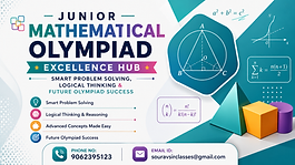 Junior Mathematical Olympiad Excellence Hub banner featuring smart problem solving, logical thinking, future olympiad success, colorful geometric mathematics design, modern educational layout with clean academic visuals and professional contact details.