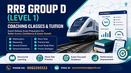 RRB Group D (Level 1) Coaching Classes covering mathematics, reasoning, general science, general awareness, mock tests, practice sets, smart study plans, exam strategy, and railway recruitment preparation.