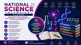 National Science Olympiad Classes banner featuring advanced STEM learning, scientific reasoning, Olympiad-level preparation, expert academic mentorship, physics, chemistry, biology, mathematics, computer science, and a modern STEM education-themed design.